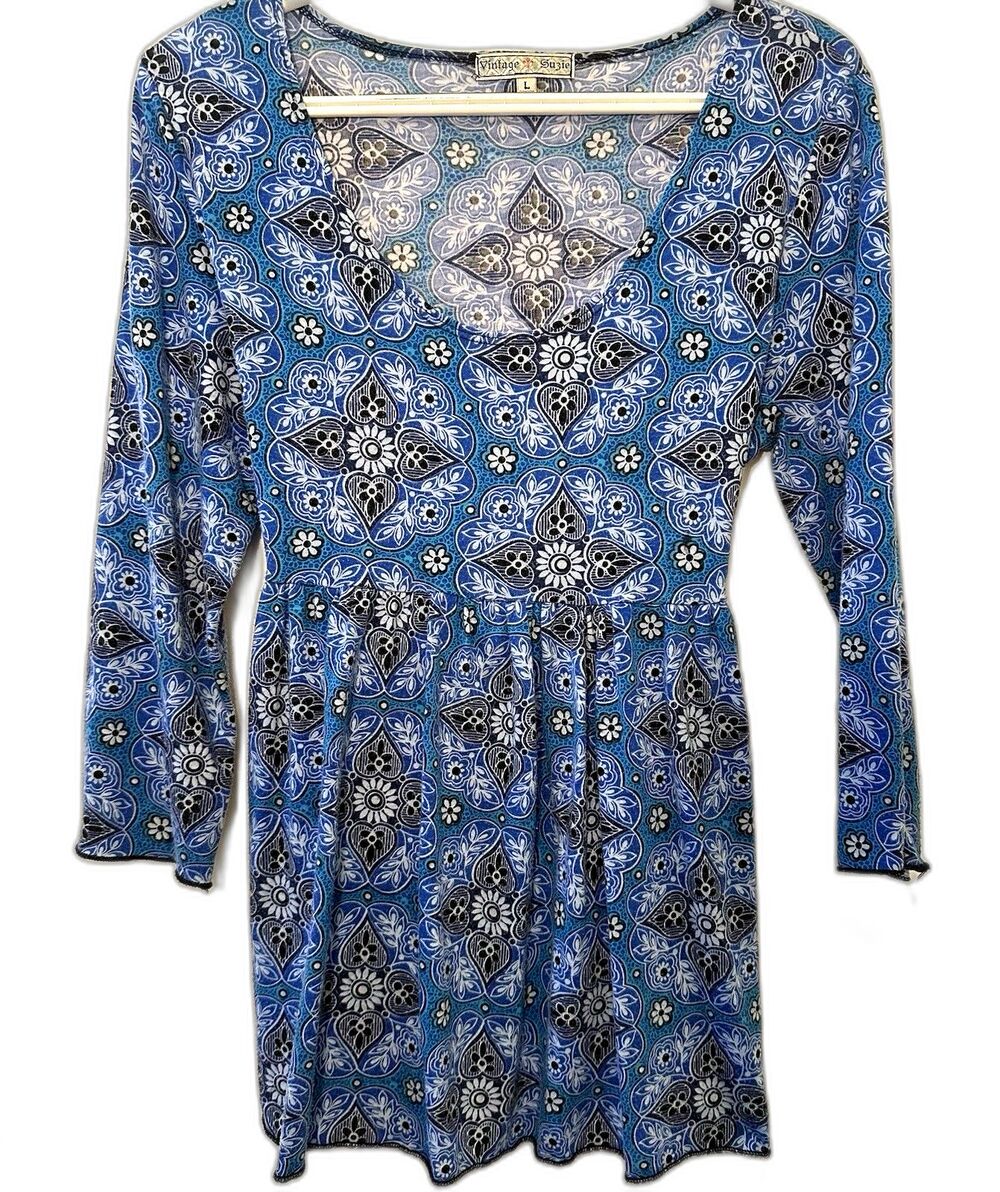 Vintage Suzie Blue Floral Babydoll Top Made USA Long Sleeve Size L
